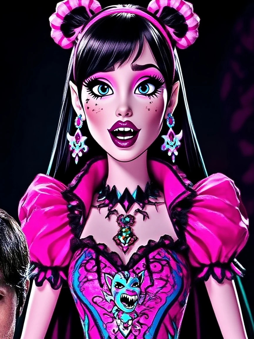 a love themed goddess, heart theme, pink hair:2.1,rose accessories, gold accents, red lips, full body:1.6, masterpiece, beautiful,beautiful detailed face , slim body, best quality, official art, beautiful and aesthetic,dark pink skin, couture fashion, temple background, <lora:MonsterHighV1:0.77>