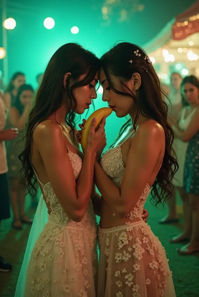 three girls, masterpiece,best qualtiy,hdr, hyper HD, 8K,Bokeh,Ultra-fine painting,Sharp focus,Physically-based rendering,Extreme detail description,portraitures,full-body photo，(adriana lima:1.2), looking at viewer, (long bob_cut hair),  smile, choker, (midsommar in a short summerdress:1.2), (dancing around a midsummer pole:1.1(maypole)), (night:1.2), perfect eyes, perfect hands, perfect body, perfect hair, smiling, (:1.5), (kissing:1.2), (EOS R8, 50 millimeters, F1.2, 8K, RAW photo:1.2), photograph by arny freytag