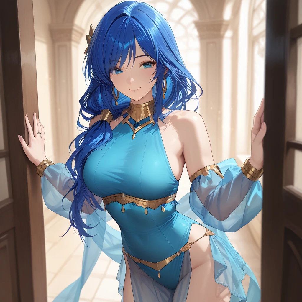 A young woman with long dark blue hair, golden eyes, hour glass figure, detailed body, detailed eyes, masterpiece, best quality, aesthetic, ultra-detailed, ultra-sharp, 4k