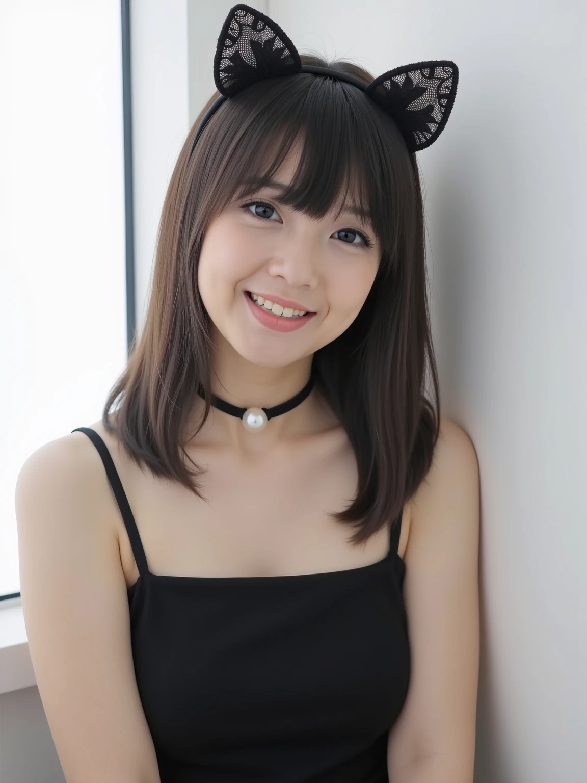 ((Night in the City、Highest quality、masterpiece、High resolution))、(((Zoom photo of upper body、Wet body、Wet Hair)))、(A shy smile:1.2)、15-year-old female、Beautiful Skin、Beautiful Eyes、Large Breasts、Cat Ear Headband、Black Dress、Black Hair、Wavy Hair、Shorn bangs