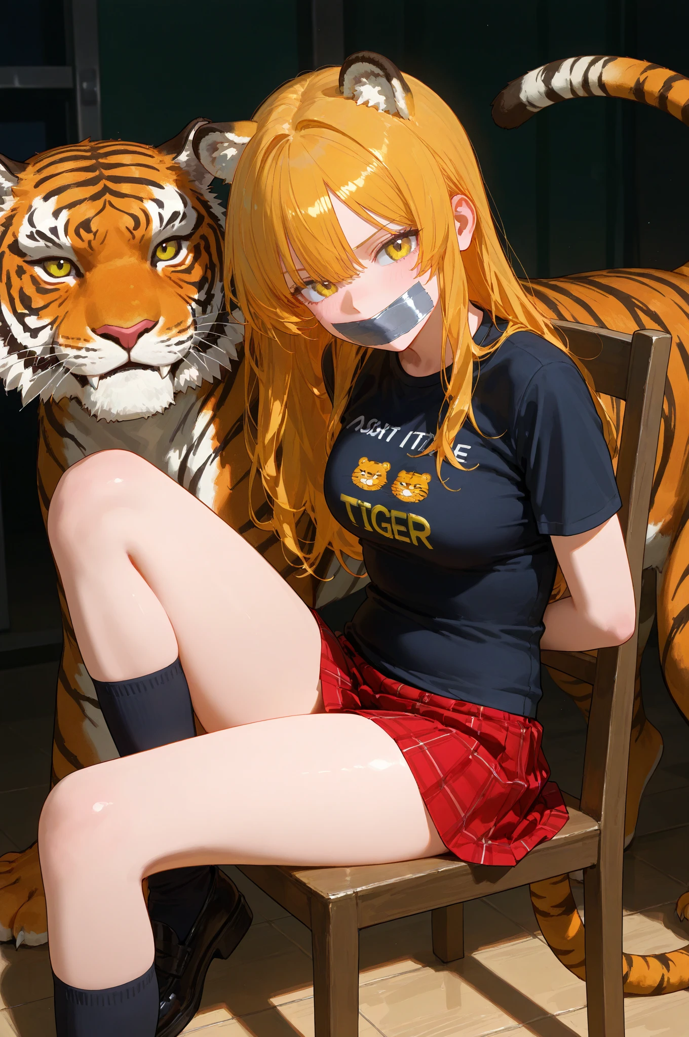 She doesn't wear anything because she's a tiger beastman、Yellow and beautiful skin、Yellow eyes、Big eyes、tiny chest、Tiger tail、tchibi、Mega Mini、Megachibi、sexypose