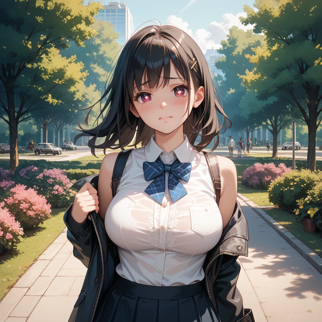 1girl, full body, solo, summer, village, trees, sun, clouds, ((colorful hair)), large breasts, ((black blazer)), button down shirt, ((white shirt)), ((short sleeved shirt)), ((unbuttoned shirt)), unbuttoning buttons, cleavage 1:3, brown eyes, skirt, smile, looking at the viewer, standing, hair ribbon, golden necklate
