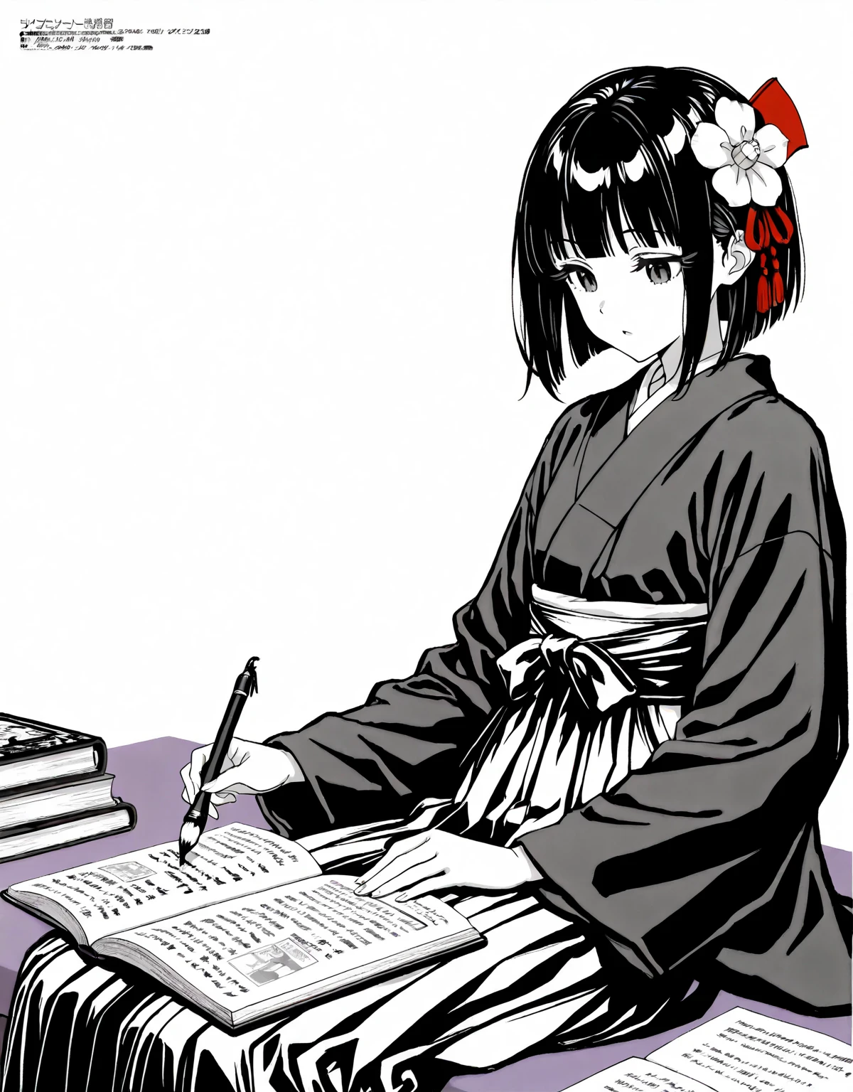 Girl, large forehead, black hair, smiling, black eyes, half-closed eyes, seductive, pencil, book, cheeky studying, studying, feminine, beautiful, suggestive, japanese uniform