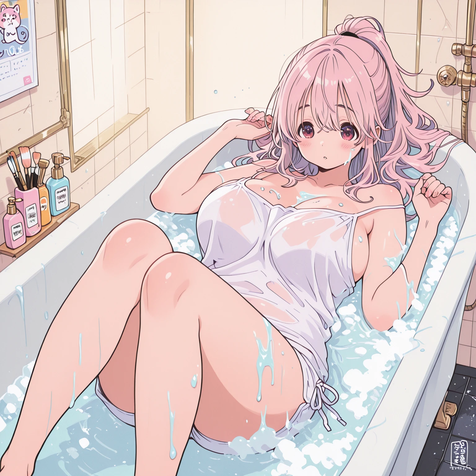 Full body style,(Highly detailed CG Unity 8k wallpaper), (Best Quality), (Super Detail), (Best Illustration), (Best Shadow), POV, Realistic lighting and shading, Natural light, Lens flare effect, BREAK, 1 beautiful girl, Solo,(Cute:1.5),(Chibi:0.8), (kawaii:1.5),(Lori:0.5), BREAK,  ( (17 years old girl), Very detailed, colourfull, highest details, BREAK, (Huge breasts: 1. 2,), Clear skin, Beautiful skin, Shy skin, 1 beautiful girl, ((Light pink hair, Braids,semi long hair,bow ribbon:1.5)), (heterochromia iridis,pale blue eyes,pale green eyes, long eyelashes, Double eyelids: 1. 5), Solo,  gleaming skin, BREAK, (Wrap your body in a bath towel:1.2), (She has her hair tied in a bun.:1.0), (Barefoot with colorful nails:1.0), (barechested:1.2), (pink scrunchie:1.0),  (star-shaped earring:1.1), (Lace headband:1.0), (Cute Accessories:1.3), (Angle from the front,Angle at which the chest stands out,is standing:1.1),(Simple background),