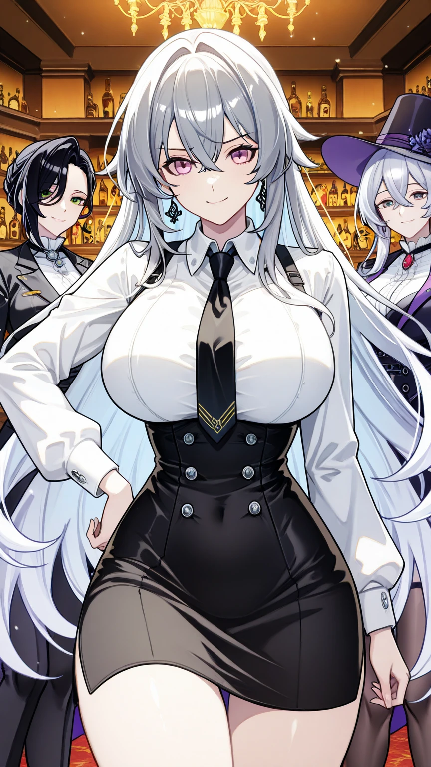 (masterpiece), best quality, (fantasy:1.1), (5 girls, group shot:1.4), (Because I&#39;m slender:1.1), (huge :1.5), (black skin:1.1), blonde hair, silver hair, twin tails, Braid, amount, (open your mouth, smile:1.1), (wink:1.2), garter belt, cowboy shot, 