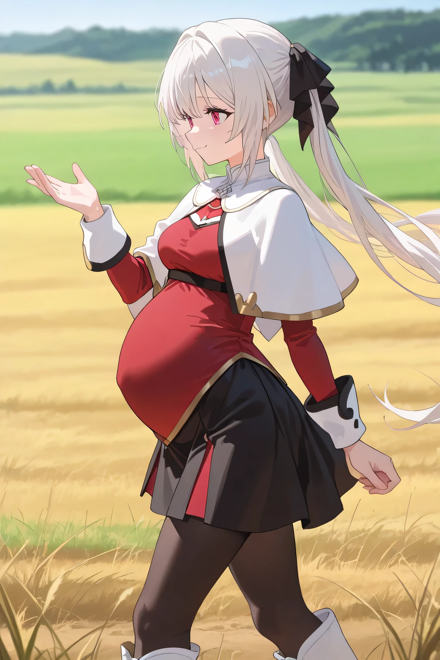 (Best quality, 4k, 8k, high resolution, masterpiece:1.2), ultra detailed, intricate details, beautiful girl, SOLO, alone, long white hair, bangs, red colored eyes, small-medium breasts, perfect smooth skin, head tilted, (Pregnant:1.1), black ribbon hair, twin hair ribbon, red fitted top, white capelet, short black skirt, black stockings, white boots, side view, smile lighly, at wide grassland, Hand raised, walking