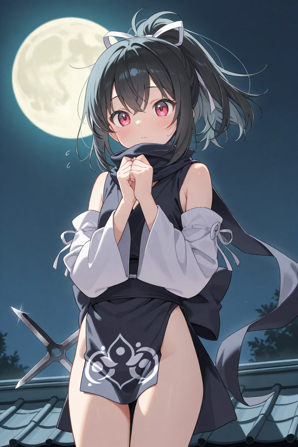15-year-old girl、(Black Hair、Slightly thin body、Thin limbs、One closed eye、Lowered eyebrows)kimono(Black or white、Wearing a sash)、Loincloth、Blowjob、 Sucking dick