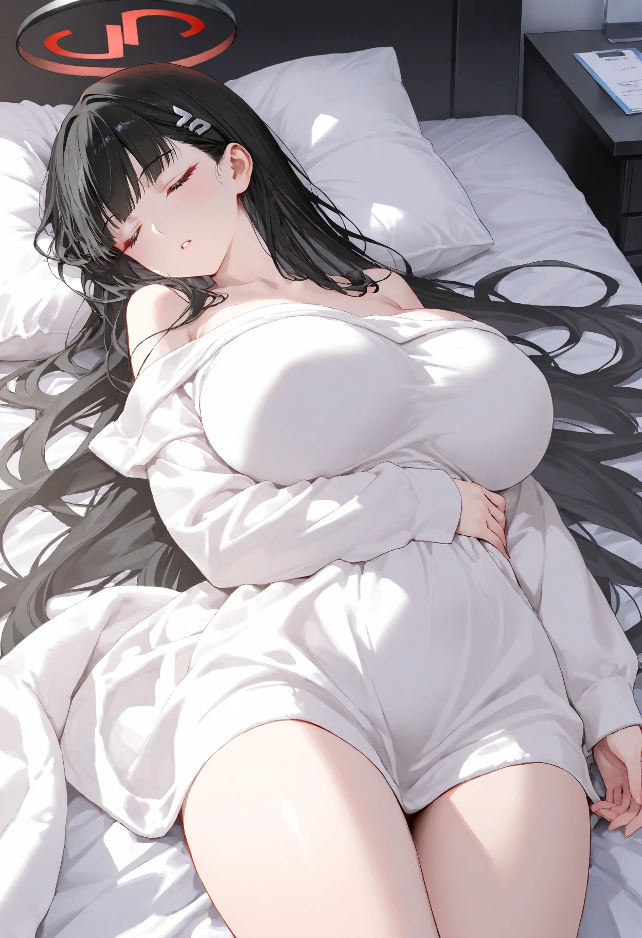 Hime cut with long black hair、Has straight bangs and blue eyes、Girls with very large breasts。Wearing a pajama trouser set。rather large udder。Unbelievably large breasts。Lying alone in bed with my eyes closed。The fabric is opaque