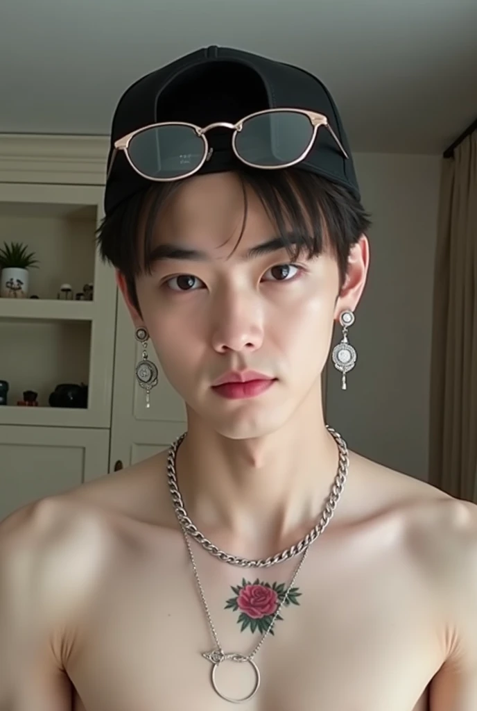 A handsome 20 year old Korean man with messy hair wearing shiny green-blue glasses that are anti-UV radiation without a shirt and shorts, there are several pictures of reddish brown lips on his neck, under his head, in the background of an elegant room.