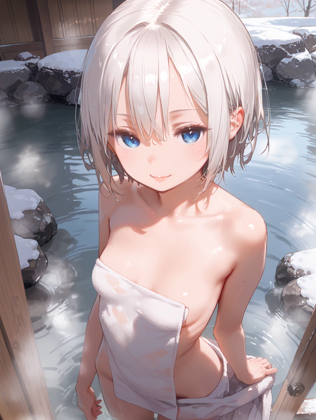 highest quality)), ((masterpiece)), (become familiar with), 1girl,,perfect face,silver hair,Yellow and light blue inner colors,yellow eyes,Upper body,bob hair,cute,highlight,earrings,sharp pupils,illumination,good,,choker,short hair,accessories,elation,Low - Angle,shyness,Navel exposure、translucent,No mouth、visible areola,全naked,naked, nipple,tits,sensual,nipple,not wearing underwear,hot spring,Taking a bath,rape,1 middle-aged male,couple,kiss,kiss