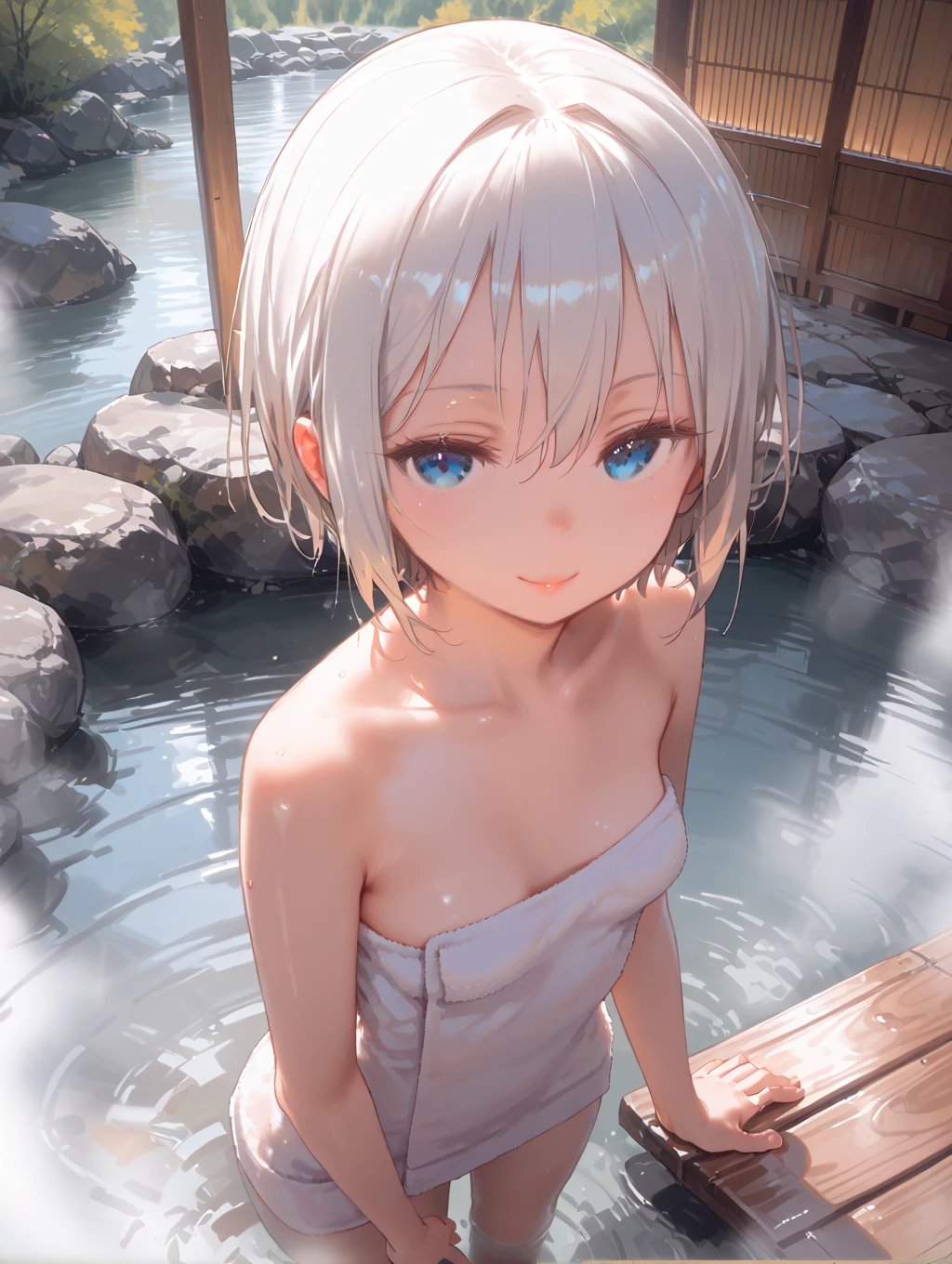 Japanese-European, student, small girl, long legs , blue eyes, short hair, white hair, smooth skin, white skin, no clothes, small breasts, small breasts, spread legs, spread legs, spread pussy for viewers, show pussy, wet pussy, pink pussy, pink nipples, swollen pussy, show pussy, wet body, , breasts. Ban, age 10, sitting, facing the viewer, smiling, cute little , exposed bottom, wet, swimming pool, Camera angle under the subject,