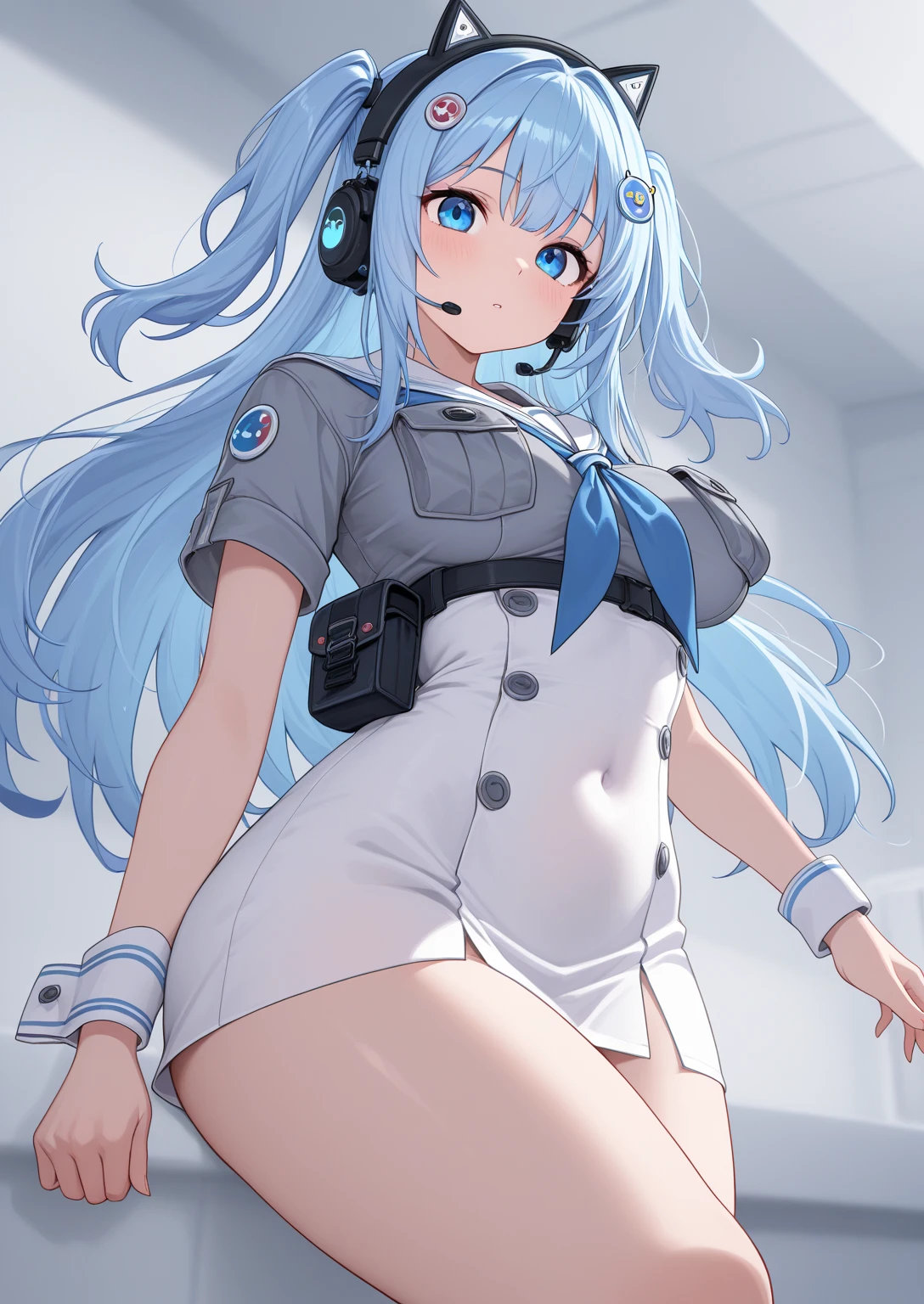 (solo), (416_GirlsFrontline), skinny girl, BREAK, (bursting huge breasts:1.2), narrow shoulders, narrow waist, skinny long legs, BREAK, dark purple jacket, (very short high-waist skirt), thigh gap, (black thighhighs), BREAK, smile for viewer, embarrassed, nose blush, orgasm