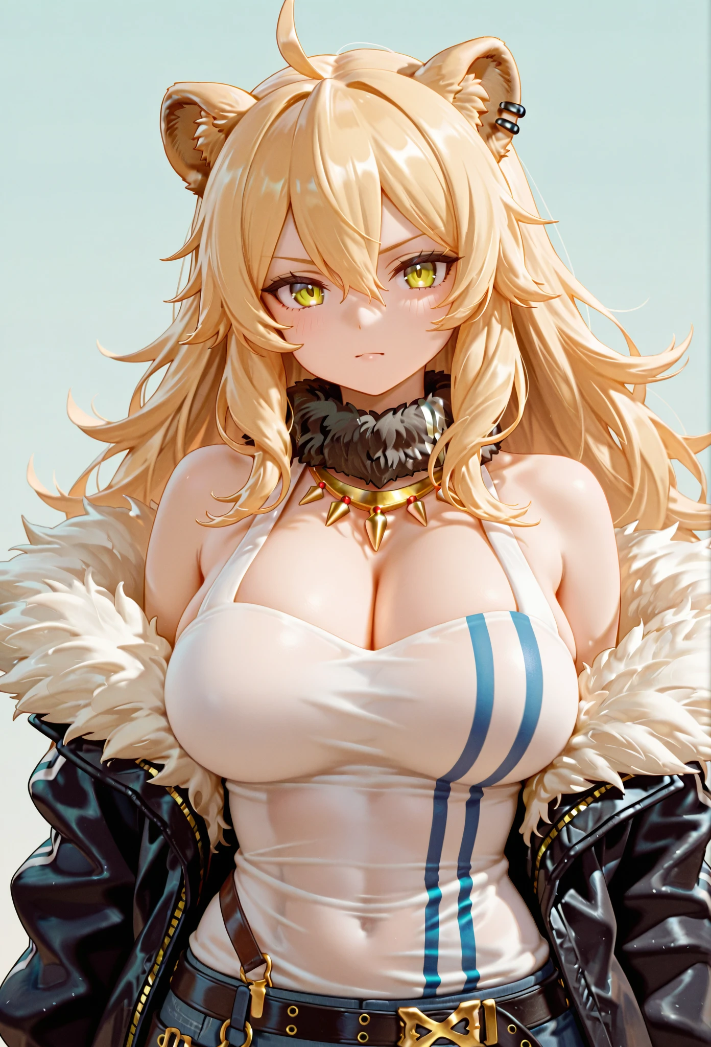 Best quality, high detailed, 8K quality, 4k resolution, stunning japanese girl, blonde hair, necklace and piercing, gorgeous face, huge breast, curvy body, wearing Erotic Faux Fur Coat: Adds a touch of luxury and warmth, suitable for high-fashion business settings, playful expression, pose with both hands, random hairstyle