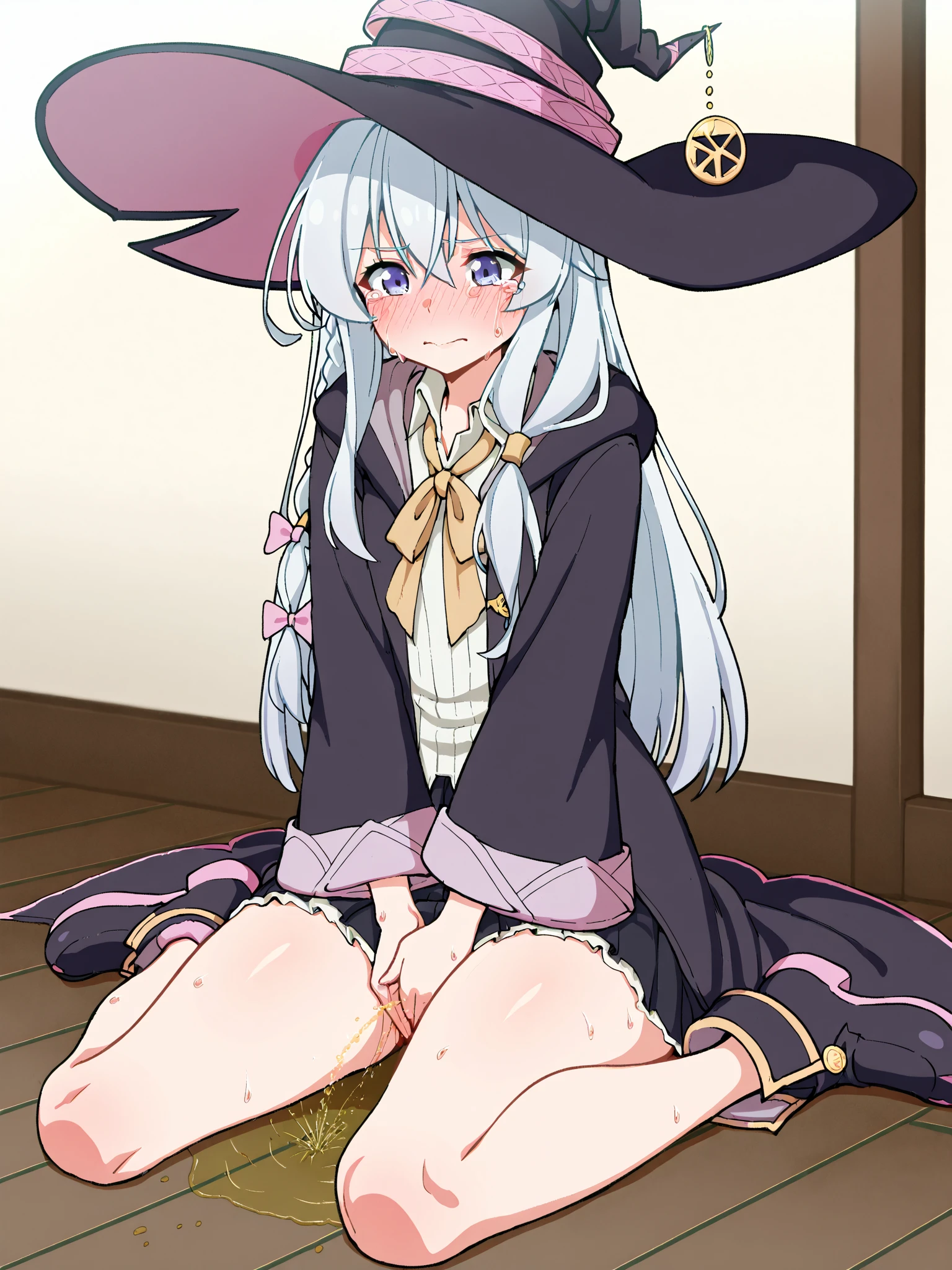 {{{masterpiece}}}, {{{best quality}}}, {{ultra-detailed}}, {illustration}, {{an extremely delicate and beautiful}}, (beautiful detailed eyes:1.6), extremely detailed face, 8k, anime face, NSFW, 1girl, elaina (majo no tabitabi), elaina_majonotabitabi, witch, cute face, long hair, white hair, ahoge, hair between eyes, sidelocks, pink bow, single braid, ribbon on braid, yellow hair clip, blue eyes, bare legs, medium breasts, thin waist, big hips, curvaceous,, BREAK, white shirt, witch hat, black headwear, black robe, black skirt, yellow ribbon tie, pleated skirt, open clothes, long sleeves, collared shirt, brooch, wide sleeves, hooded robe, miniskirt, open robe, boots, black footwear, Witch Shoes, BREAK, NSFW, anime girl nude and in bed spreading her pussy lips wide, 1girl, solo, (spread_pussy:1.1),(pussy focus:1.3), (bare pussy:1.3), (Vaginal hole:1.1),(urethra:1.1),(Kupaa:1.1), open vagina, clitoris, spread vagina by both hands, crotch grab, nail, looking at viewer, spread legs, {{open vagina, spread pussy, pussy, clitoris glans, urethra, vaginal opening, labia minora, uterus, smooth pussy}}, taking off clothes, open clothes, Open shirt, breasts, nipples, lift up skirt, blush,open mouth, embarrassed, naughty expression, raise your legs, M-shaped spread your legs, on the bed, uncensored, On your back, peer in from below
