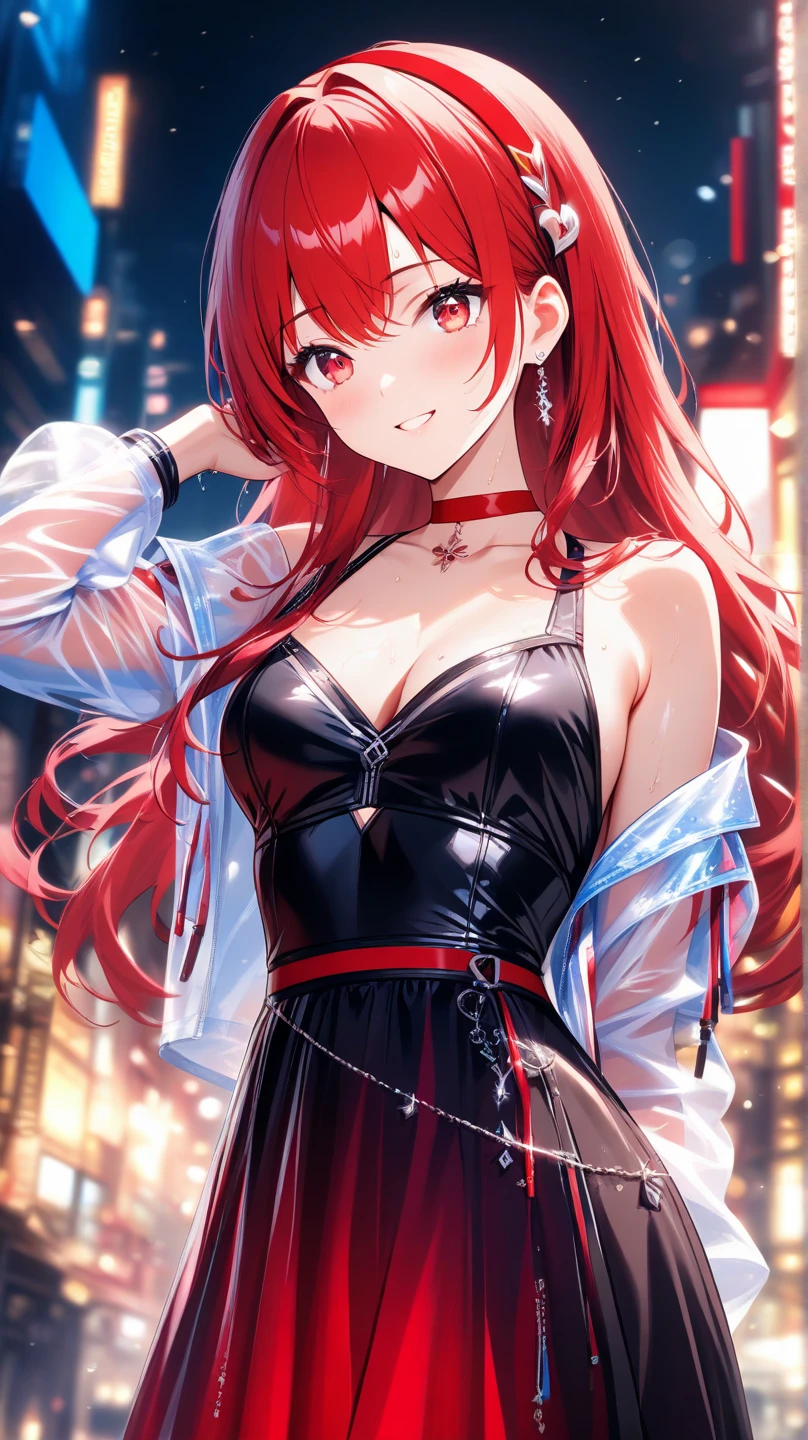Girl with long red hair, Red eyes, playboy costume anime design