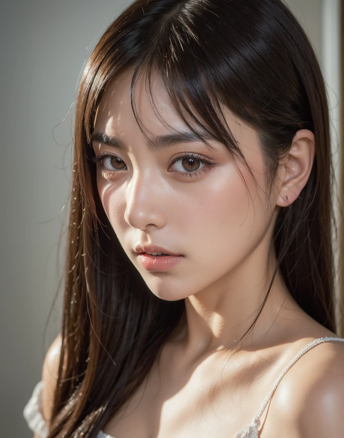((masutepiece, of the highest quality, High Definition)), 1 girl, (Photorealistic: 1.4), Solo, White background, with a pure white background, Mouth closed, Happy smile, Happy smile, pretty black hair,(Black silky long straight hair, long hair flowing over the shoulders:1.3), Big eyes, clear double eyelids, Eyelashes, Ears out, long neck, long neck, Absolute area, ((Face Close-up)), (Draw all the heads, shoulders), 19 years old, Attractive proportions, Shiny skin, Clean collarbone, Golden Ratio Face, Perfect face, tear moles, Mole on chest, Beautiful bangs, Lip gloss, thin lips, Fair skin, Naked, Big breasts, a small face, a small face, All heads drawn, The shoulders are all drawn, Staring at the camera slightly above??