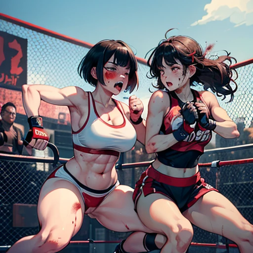 they are covered in (blood) and (bruises). , (Intense violence). A fierce exchange of (dynamic punches and kicks). they are striking each other so hard. extreme (survival battle). they are glaring at each other. her face is distorted by opponent's attack. they are (beating) each other so hard. (bloody) beautiful Japanese female fighters are fighting in the octagon fighting ring of underground arena with audience. whole body picture. they are damaged terribry. Short-cut black hair, out of breath, drooling from mouth, one eye is closed, exhausted, drenched in sweat. Erect nipples. open finger glove. sports-bra, high-leg panty, Stockings. armwarmers. small breasts, Whittled waistline, muscular, sixpack abs
