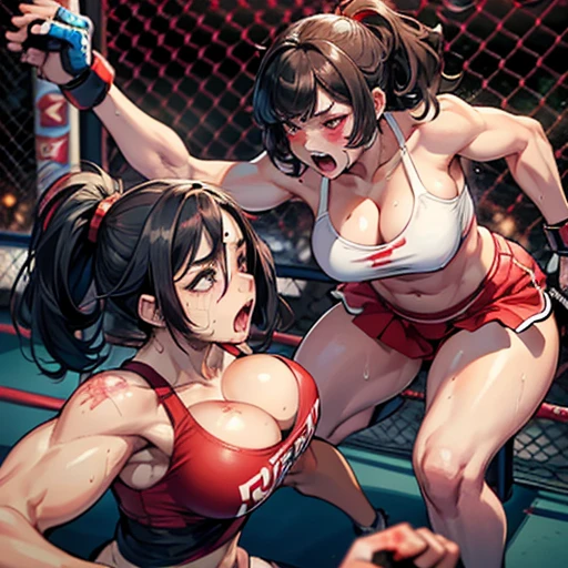 Beautiful woman、 ((Open Finger Gloves, Five Fingers)), (((Women&#39;s Mixed Martial Arts, Martial Arts)))、Fighter、Professional wrestler、Brown Skin、Rin々Funny face、Fighting Pose、One Woman、Pro Wrestling Love