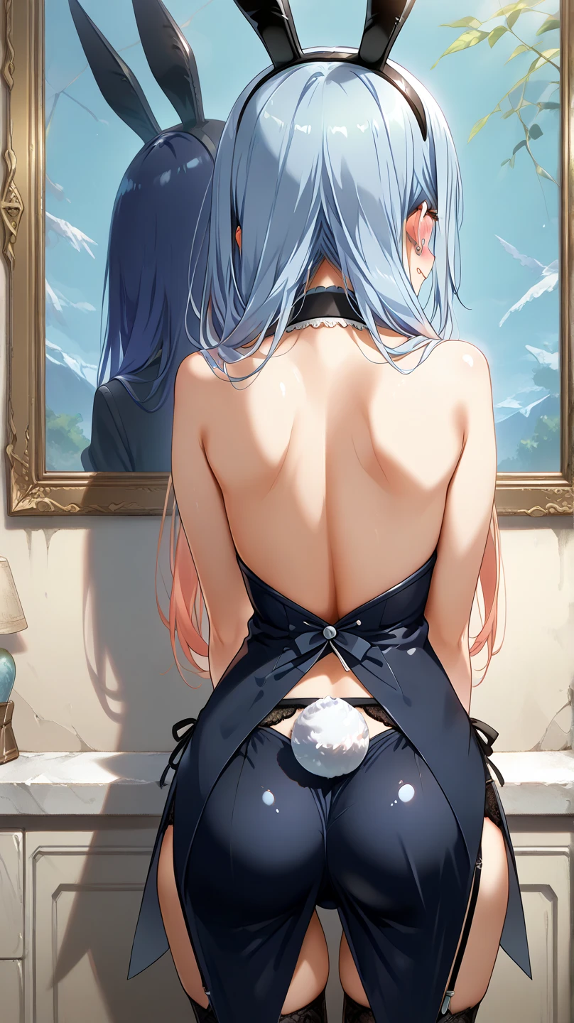 BREAK looking at viewer, BREAK (masterpiece:1.2), best quality, high resolution, unity 8k wallpaper, (illustration:0.8), (beautiful detailed eyes:1.6), extremely detailed face, perfect lighting, extremely detailed CG, (perfect hands, perfect anatomy),outdoor,onsen,hot springs, night,aqua, long hair, blue eyes, hair ornament, very long hair, blue hair, hair rings, single hair ring, hair bobbles, thighhighs, bare shoulders, detached sleeves, white thighhighs, , green bow,nipples,nipples see through,sideboob,sexy lingerie,black lingerie,lace bra,from behind,back view,bend down.