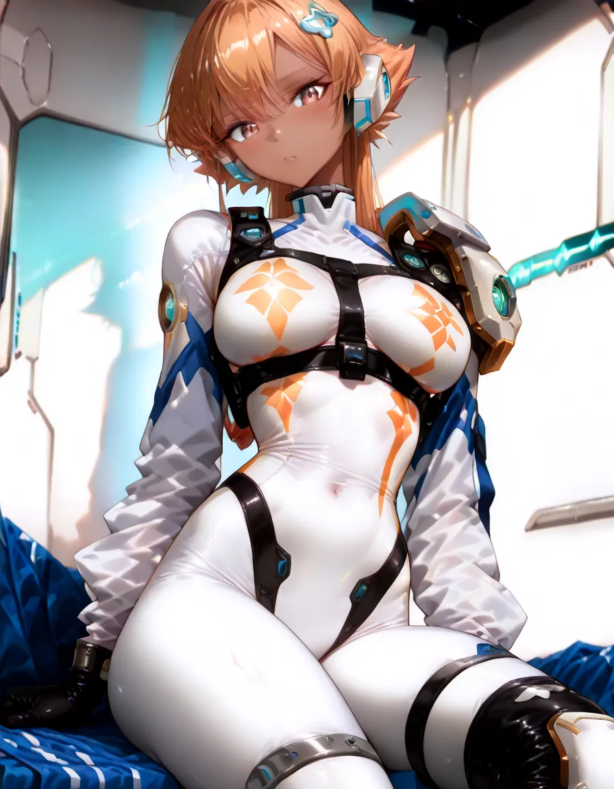 qingS, 1girl, solo, (bodysuit:1.2), asymmetrical legwear, single mechanical arm, long_sleeves, cowl, gloves, headdress, shoulder_armor, brown hair, long hair, yellow eyes,looking at viewer, (naughty_face:1.1), standing, (cowboy_shot:1.3), indoors,living_room, day, sunlight, sofa, table, (masterpiece,best quality,beautiful and aesthetic:1.2), <lora:qingS02-000003:0.7>