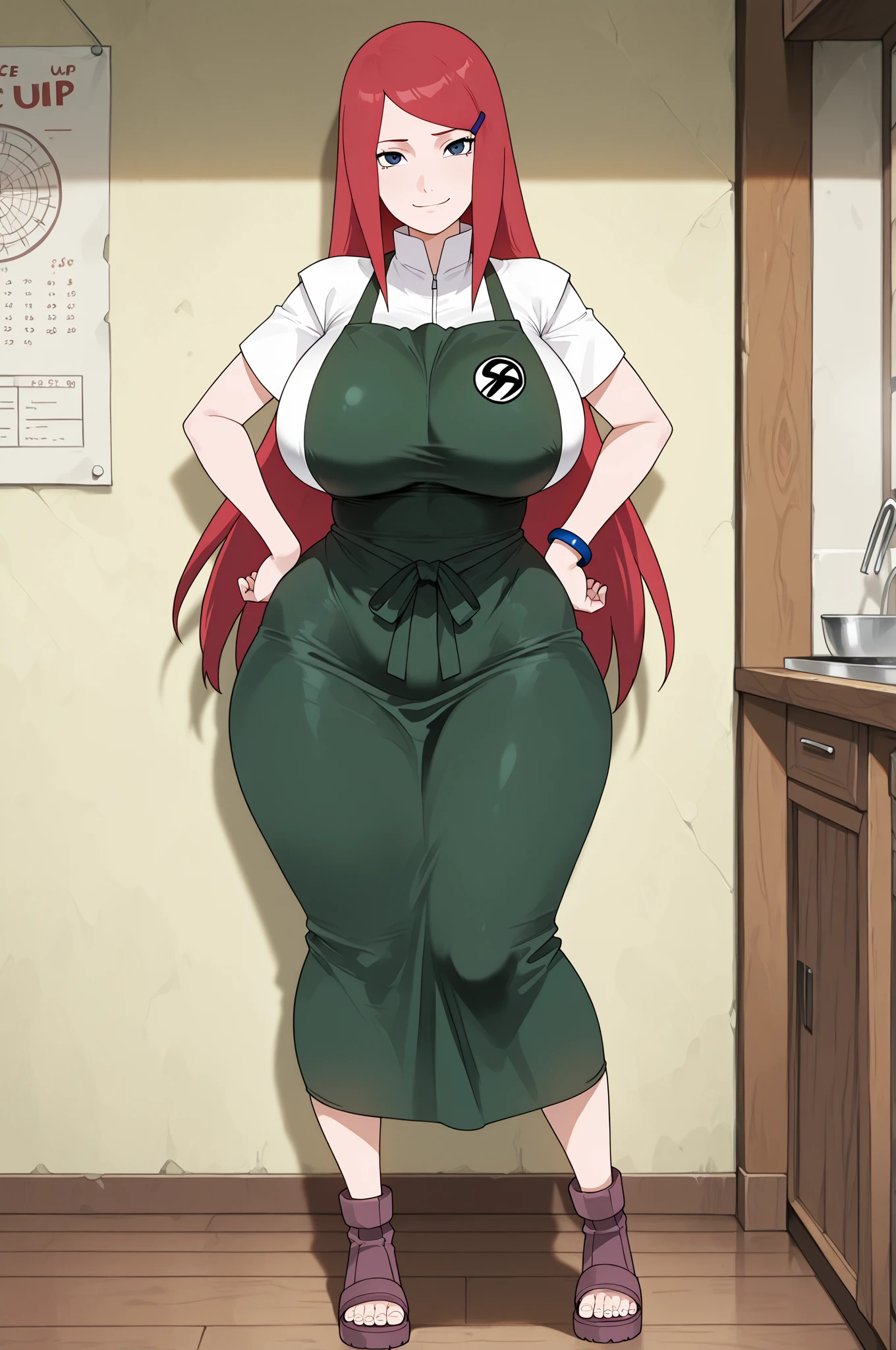 uzumaki_kushina, large_breasts, standing, solo, kushina_green_dress, masterpiece, best quality, detailed face, detailed eyes, highres,uzumaki_kushina, large_breasts, standing, solo, kushina_green_dress, green apron, long apron, beige dress, long dress, tight dress, sleeveless dress, (masterpiece:1.2, best quality), (finely detailed beautiful eyes: 1.2), ((1girl)), ((solo)), (brown eyes:1.4), (finely detailed eyes and detailed face:1.3), (beautiful and clear background:1.2), (extremely detailed CG, ultra-detailed, best shadow:1.1), ((depth of field)), ((watercolor)), large breasts, flowers and petals, beautiful concept illustration, (white background:0.5), (illustration:1.1), (extremely fine and beautiful:1.1), (perfect details:1.1), looking at viewer, smile, happy, blush, red hair, long hair, massive breasts, wide hips, thick thighs, indoors, kitchen,