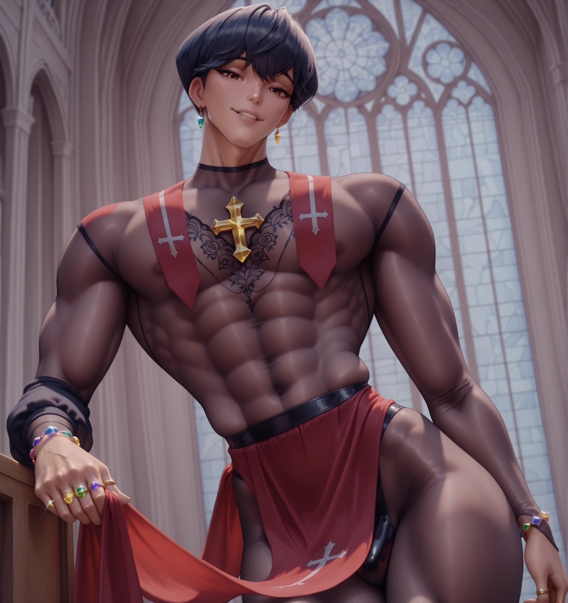 high quality, Realistic, (solo darkskin japanese Dominant boy:1.5), (latex bondage suits, boots), (detailed black eyes), (black short hair:1.5), (muscle:1.5), (dark shiny skin), (bulge erected hard:1.3), (detailed nipples), (nipple ring Pierces), looking at viewer, candle, dark dungeon, smirk, 