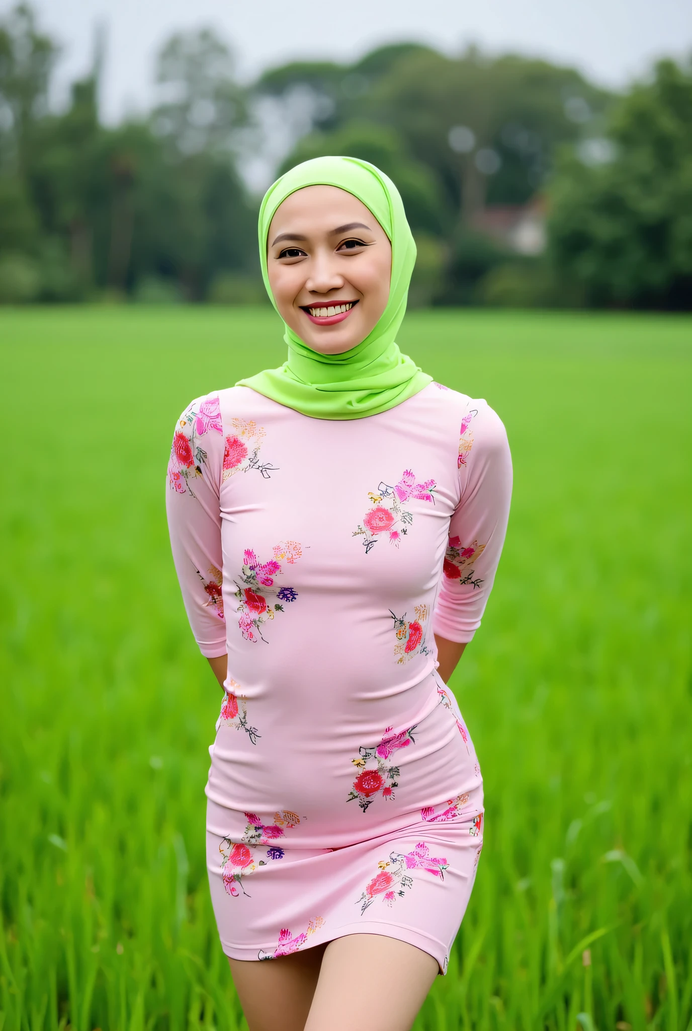 Just Front photo, (thin body) "Facial expression in Happy Orgasm", Wearing flora print hijab, (photorealistic:1.6) (Indonesian green Fluorescent hijab), (mini tiny tights Hotpants), background rice paddy. daytime atmosphere, flat chest!, hands behind back while legs astride, Look from the front you are stupid!, wearing Fully pink flora print tight dress.