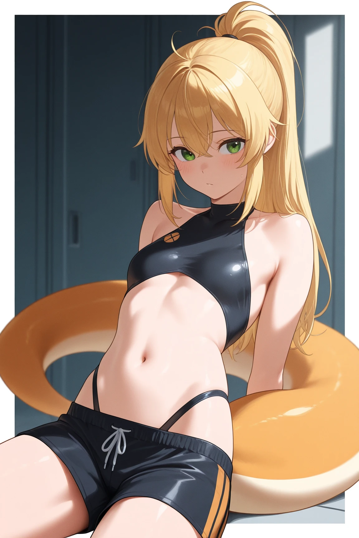 ((Best Quality)), ((Masterpiece)), (High Definition:1.3), Beautiful,(Masterpiece),(Full body, Full body), Realistic, Beautiful photo, 1girl, Slender small breasts、Sit up、Nasty smile、Soft golden medium bob、Cute Beautiful Girl、Small Bikini、No clothes、Neon Street