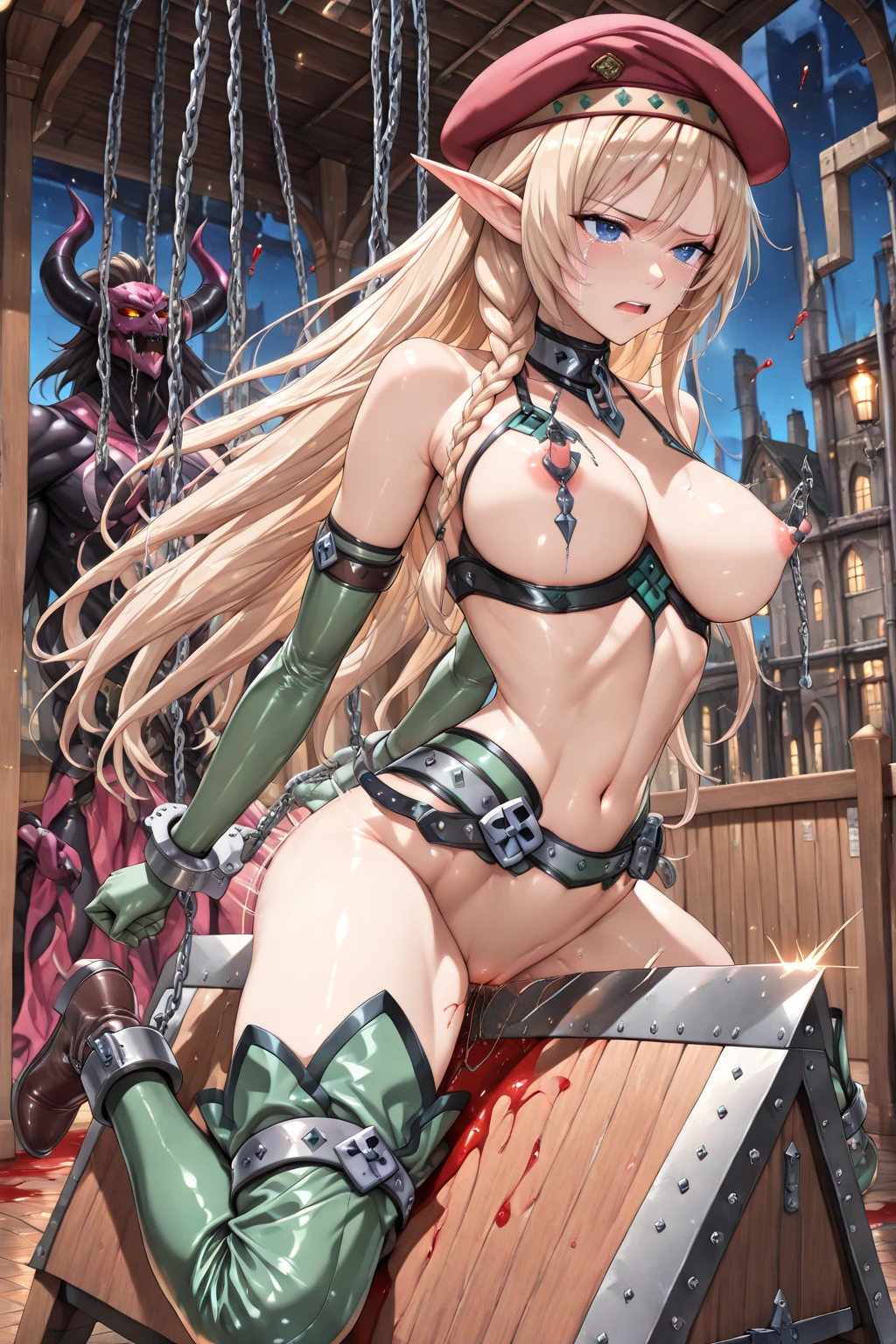 (best quality,highres),(realistic:1.37),(portrait),(studio lighting), ,solo mature woman,curvy, giant breasts, large perfect ass,straight strawberry blonde hair, brown eyes,full lips, dying, ((lifted)), ((breastplate)), ((pussy view)), ((hanged:1.2))), (((mother surrounded by exited men:1.2))), (((huge erected beast penises))), (((she is restrained by rope:1.2))), (((she is strangled by rope:1.3))), (((standing on tiptoes:1.2))), (((on gallows))), (((Sophie Marceau:1.2))), (((head hanged by noose rope around neck:1.2))), (((orcs))), (((one naked natural sagging breast))), (((gibbet:1.2))), (((tense rope above her head:1))), (((medieval))), (((hanging view from below))), (((realistic horse penises:1.3)))