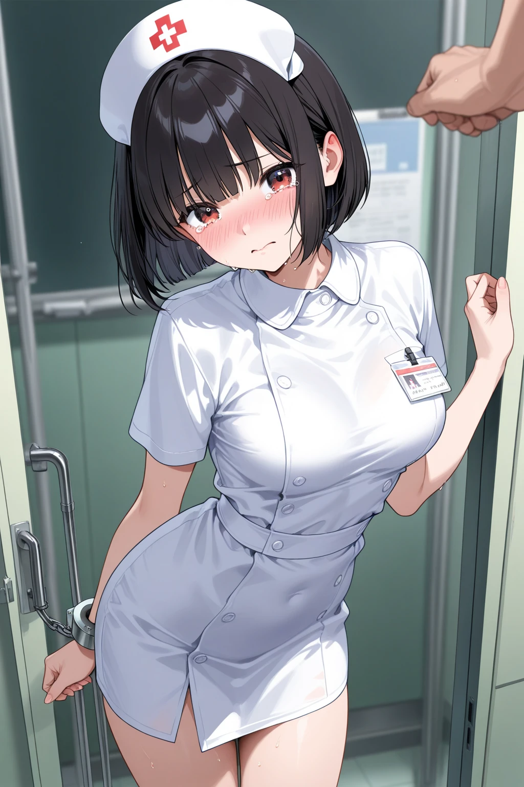 1girl, solo, nurse, nurse cap, white wear, ((white legwear, zettai ryouiki)), white gloves, pink hair, drooping eyes, ((covered nose)), standing, ((hospital room)), sharp outline, short sleeves, best quality, masterpiece,Fleshy,Brown eyes,Fleshy,Black hair,happy,lol,Heart,belt