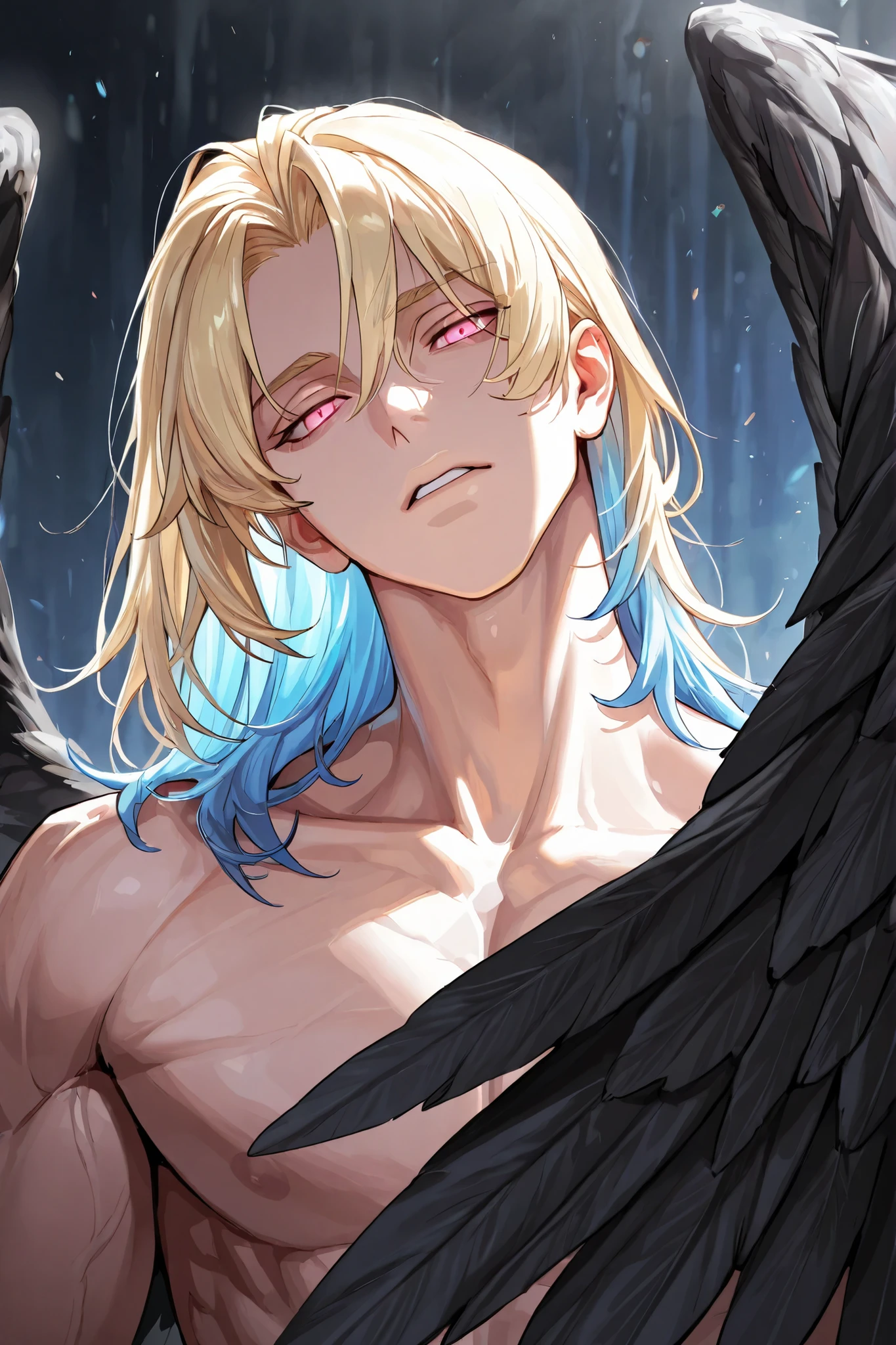 1 man, very handsome, wavy light blonde hair, one line of blue hair, middle part hair, medium length hair, head tilt, eyelashes, pink eyes, glowing pink eyes, cold eyes, muscular neck, thick neck, detailed, masterpiece, royal prince, Large black wings