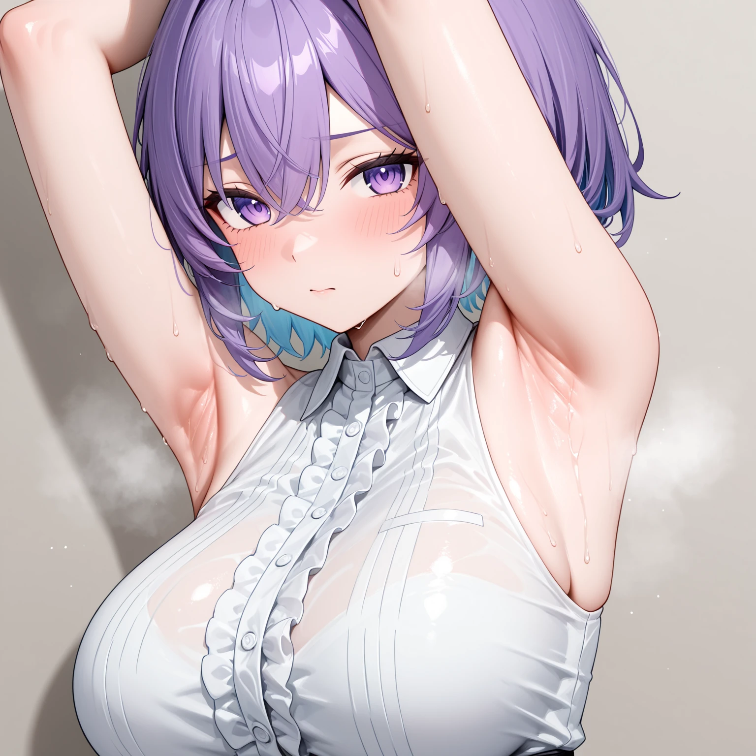 Ultra-detailed illustrations、Ultra-precise expression、masterpiece、Highest quality、ultra High resolution、High resolution、Hiromitsu Takeda Style、White background、Simple Background、One girl、solo、Mash Kyrielight、light purple hair,short hair,hair over one eyes、sundress、Purple Panties、Purple eyes、Vulgar expression、smile、Open your mouth、blush、Large Breasts、Big Breasts、White Breath、Sweat、Glowing Skin、shiny skin、Front angle、View your viewers、