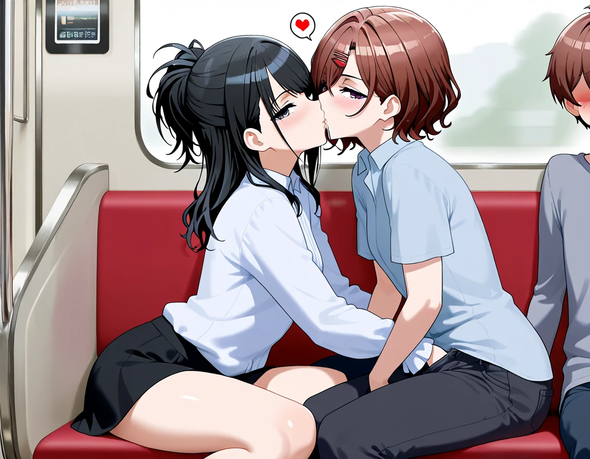 A middle-aged man is touching a girl on a train who is crying and unwilling, topless, wearing no underwear, a blue checked skirt, with erect nipples, short black hair, small breasts, and pale pubic hair, as she spreads her legs and touches her vagina.