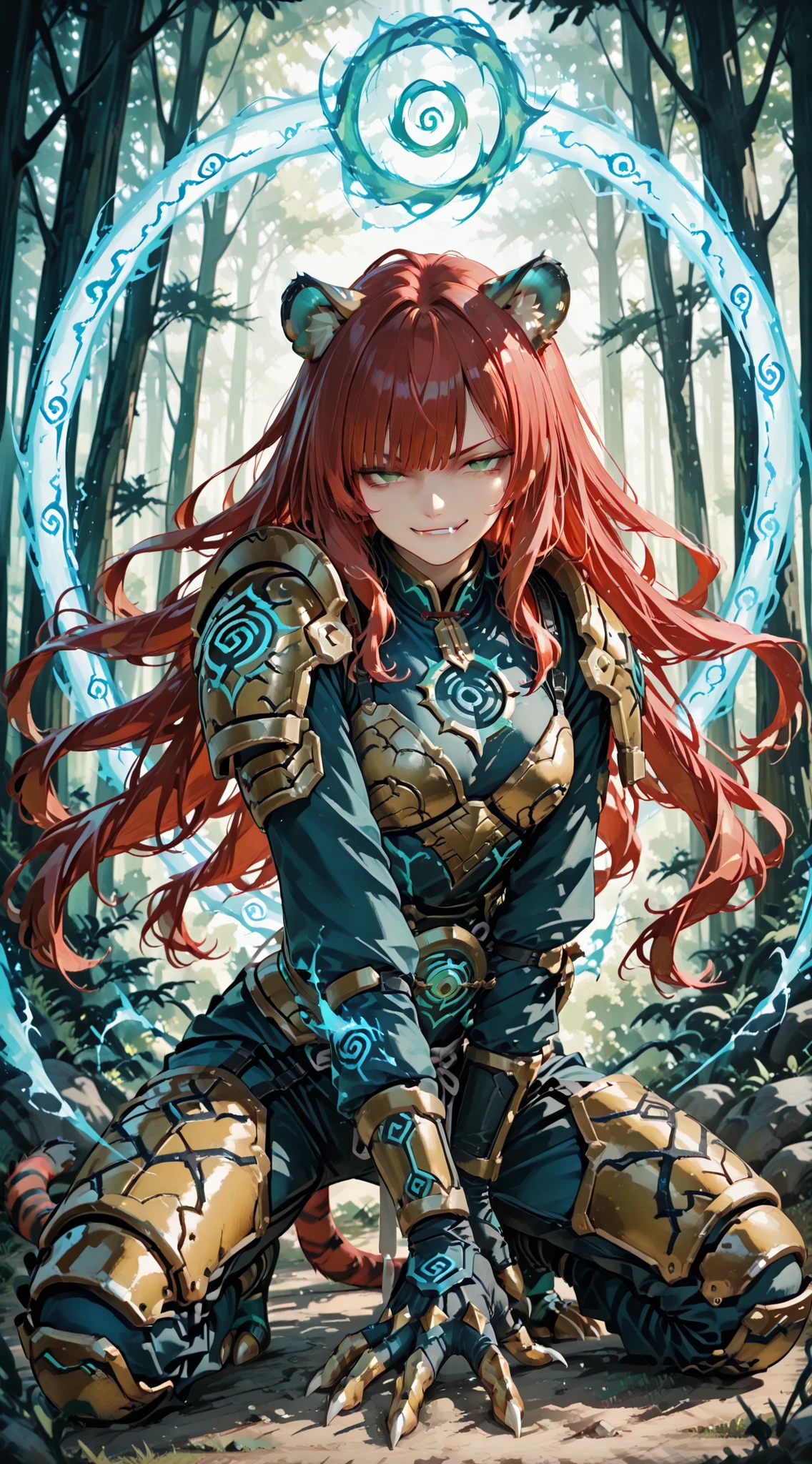 Spiral blue energy, anime, hall human-Tiger, pose dynamic in action,Tiger armor, intense Green eyes, very long wavy red hair , bangs, smirk, fangs and claws, outdoor magic forest background.