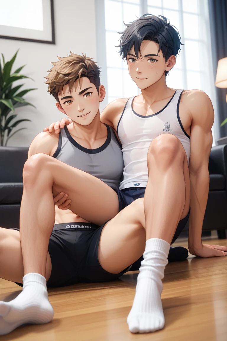 high quality, detailed, Realistic,(2boys:1.5), (17 years old tanned japanese idol boys), (detailed black eyes), (black short hair), (abs), (tanned dark brown skin), night palace bedroom, (black tiny thong), (bulge), (detailed nipples), detailed areola,best quality,4k,8k,highres,masterpiece:1.2),ultra-detailed,(realistic,photorealistic,photo-realistic:1.37), looking at viewer,smirk,face close up, --no watch,