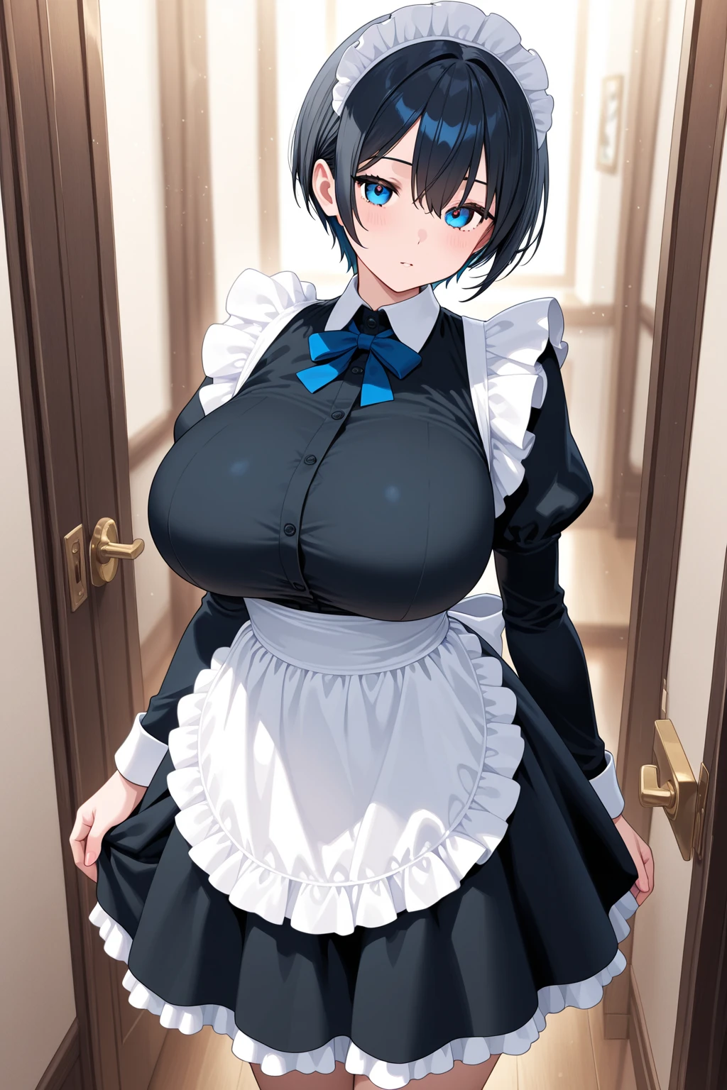 Masterpiece, highest quality resolution,5000 dpi image,high quality image,1girl,solo, beautiful face,black bob cut hair, purple colour eyeliner,look at me,blue eyes,pink lips,wearing earrings,white colour maid uniform,maid clothes,masterpiece,hdr,high resolution,best quality,masterpiece,studio light,professional,high resolution,best quality,HDR,Light,underboob, shirt,