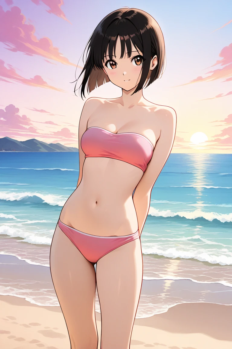 (masterpiece, best quality:1.2),1girl, (solo), Android 18 from Dragon Ball, ((stripe print, string bikini, pink bikini)), lotus position, medium breasts, blunt bangs, short black hair, (black eyes), earrings on earlobes, slim, slender feminine figure, skinny body, blush, sky, magnificent view, blur background, 4K, open mouth, beach, smile, (Sandy Beach), beautiful butt, side boob, sun,