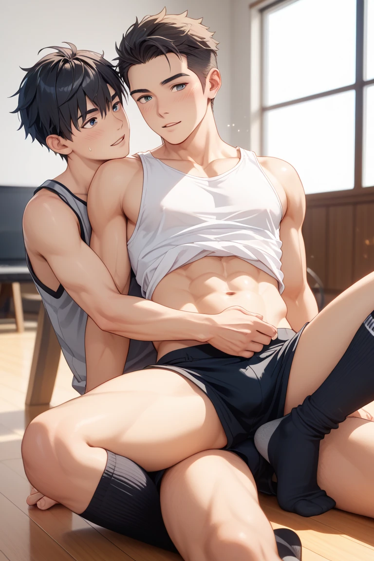 ((best quality)), ((masterpiece)), (detailed), , Skinny 18 years old handsome （Thin muscle）     Two boys licking abdominal muscles in the classroom