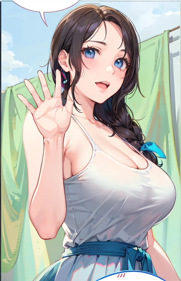 high quality, best quality, ultra detailed, masterpiece, 1milf, middle-aged woman, middle-aged woman with a very beautiful face, detailed face, brown hair, single braid, white dress, bare shoulders, see through, black bra, large breasts, detailed female upper body, open mouth, smiled, blue hair tie, wave hands, detailed hand