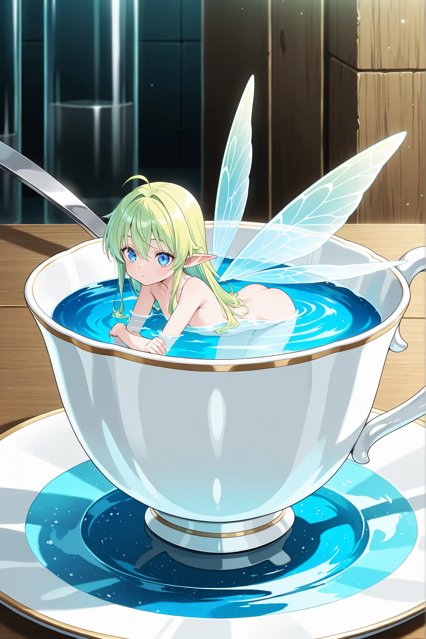 a cute little naked flat-chested fairy with dragonfly wings floating in a giant glass of fizzy lemon-lime soda