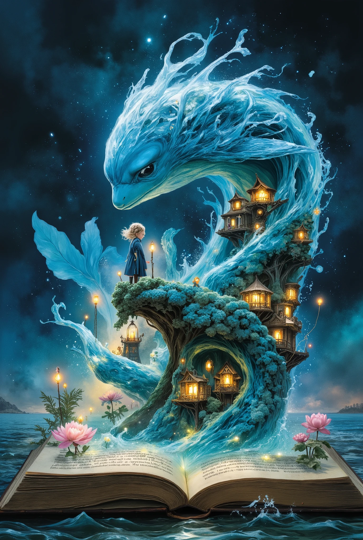 A breathtaking magical scene emerging from an ancient storybook: a giant translucent whale formed entirely of enchanted ocean water bursts from the pages, its body curling into a massive wave. On its back stands a small girl with flowing hair, wearing a blue coat, gazing in wonder. Tiny lantern-lit houses spiral up the wave’s side, nestled between foamy water and flowering vines. Ethereal lights and glowing sparks swirl from the open book below, illuminating blooming coral and pink lotus flowers sprouting between pages. The atmosphere is dreamy and cinematic, with soft twilight bokeh in the background. Highly detailed textures on the whale’s skin, wooden houses, and splashing water, rendered in ultra-realistic fantasy style. Shallow depth of field, hyperreal rendering, magical realism.