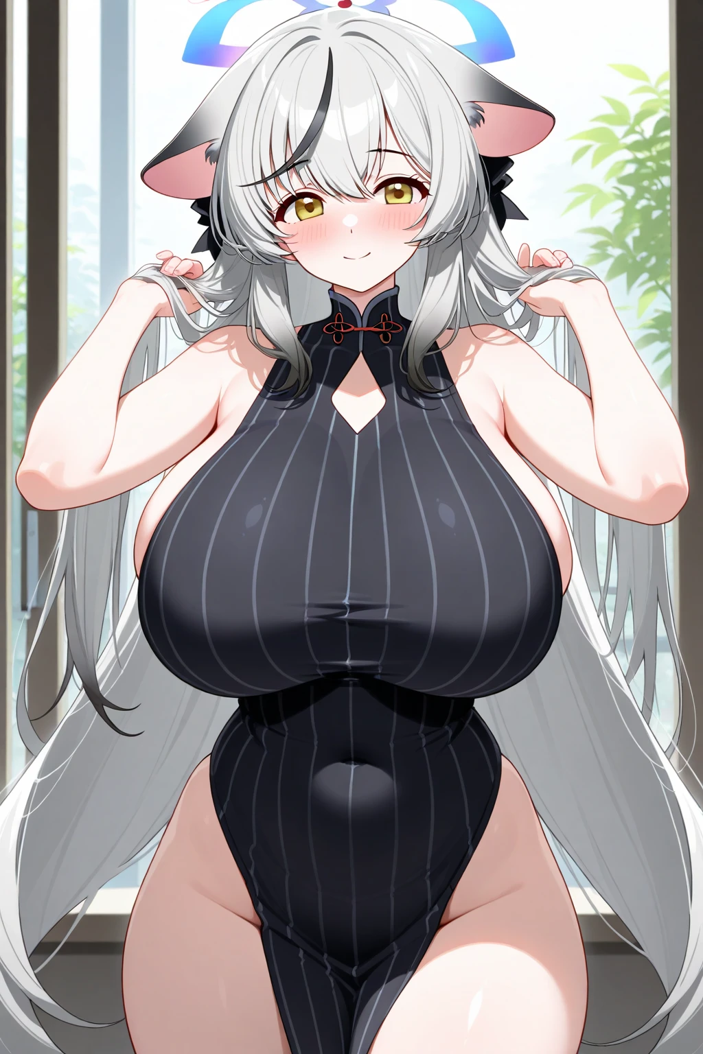 ((masterpiece)),(solo), ((best quality)), (ultra-detailed), (extremely detailed), {best illustration}, ((standing)), ((big breasts)), ((huge breasts)), (solo), emotionless face, solo, long silver white hair, older woman, massive breasts, voluptuous, bunny girl, see-through dress, spaghetti strap, no underwear, thick thighs, solo, massive pink areolas, full body, huge breasts, full body, huge ass, soft thighs, cleavage, aroused, beauty mark around mouth, giant breasts, large areola, soft breasts, 40 years old, exposed pink areola, facing viewer, looking at viewer, very deep cleavage, gigantic breasts, solo, areola peeking out,