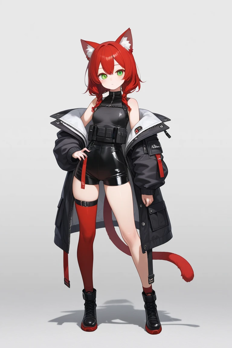 ((masterpiece)),(best quality),official art,extremely detailed CG,unity 8k wallpaper,ultra detailed,1girl,solo,cowboy shot,animal_ears,grey_hair,long_hair,medium_breasts,black_shorts,looking_at_viewer,yellow_eyes,cat_ears,midriff,black_footwear,thigh_strap,navel,cat_tail,crop_top,boots,bare_legs,long_sleeves,stomach,open_jacket,pouch,gradient_hair,bangs,ponytail,see-through,cleavage,shoes,black_scarf,hair_over_one_eye,multicolored_hair,open_coat,<lora:Schwarz(ark)>,