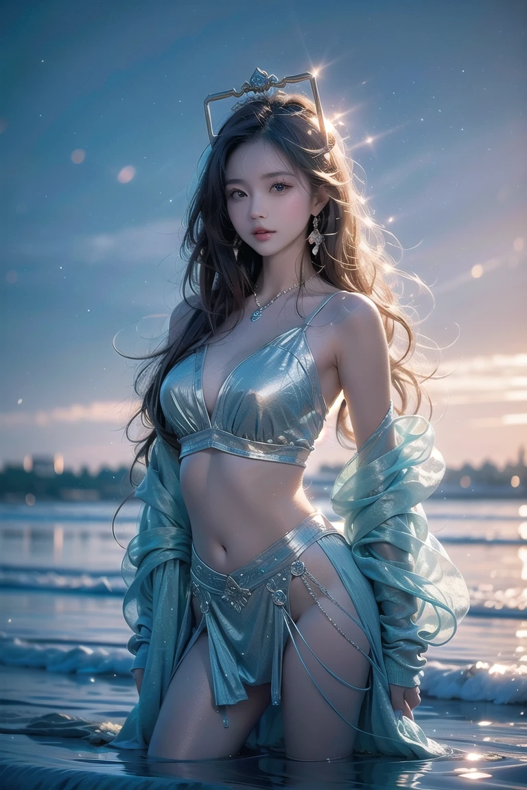 as if lost in thought or deep reflection, emanating an air of mystery and power. The Queen's long, wavy hair, the color of golden strands, flows in the gentle breeze, blending with the waves and adding to the mesmerizing contrast between tranquility and raw power.

The Queen wears a voluminous, flowy robe the color of the setting sun, adorned with intricate patterns that mimic the texture of the waves. The garment clings to her body, revealing her toned, athletic figure, the definition of her muscles, and the curves of her hips and waist.

At her feet, the waves crash against the shore, creating a sym