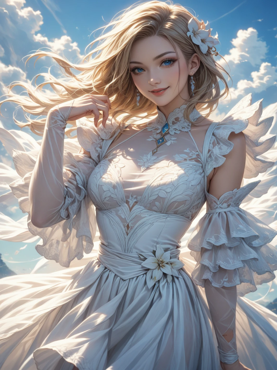 ((ultra quality)), ((realistic,digital art)), (hyper detailed) a beautiful angel woman with halo of light, semi-, intricate detailed face, delicate  features, porcelain skin, ethereal, serene expression, elegant pose, feathered wings, graceful, divine, shimmering light effects, cinematic lighting, chiaroscuro, dramatic shadows, muted color palette, romantic, dreamlike, mystical