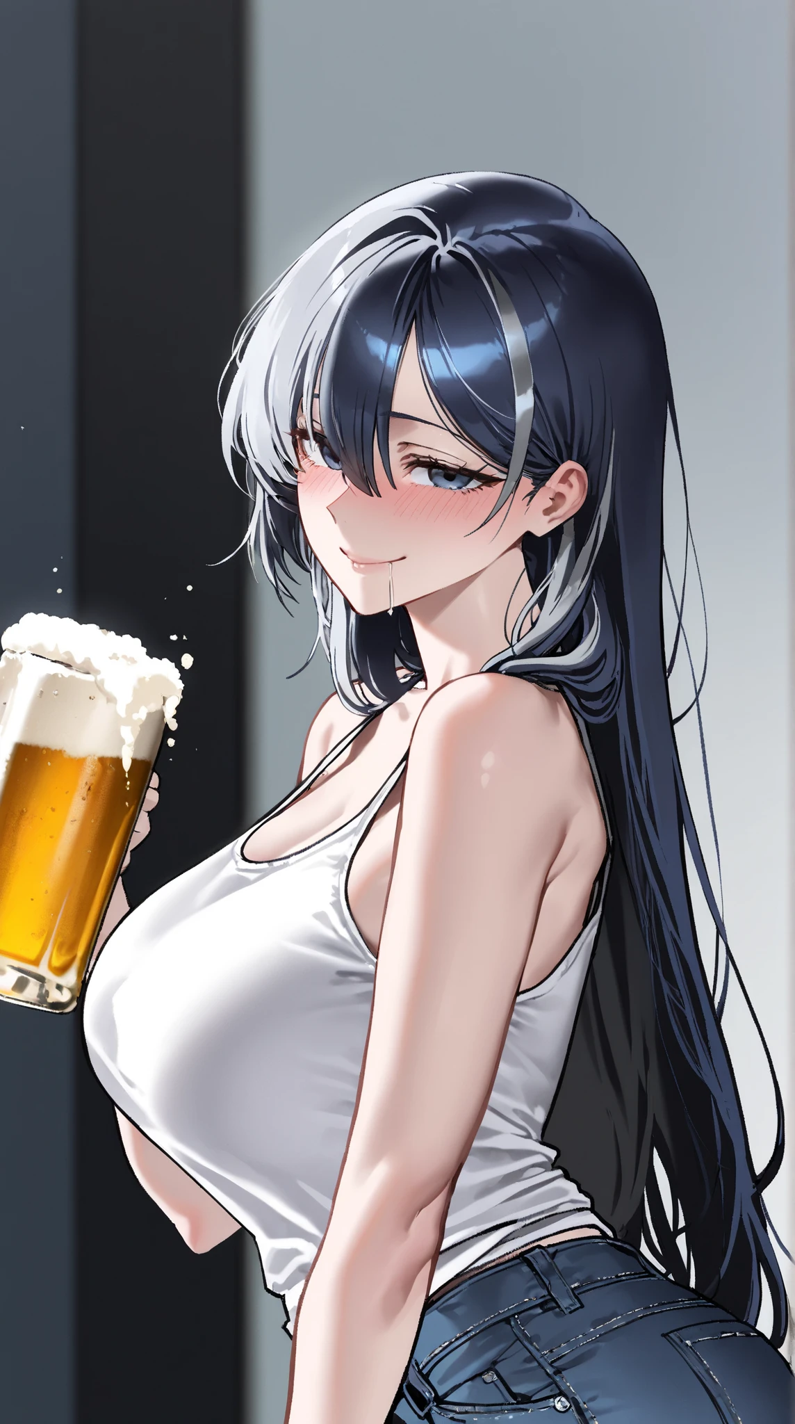 light particles, soft lighting, volumetric lighting, intricate details, finely detailed,

1girl, solo,

Black hair, long hair, flowing hair,

Blue eyes, long eyelashes, thick eyelashes, looking at viewer, Holding a beer cup, Drunk, smiling,

Untucked Unbuttoned Opened White Shirt with rolled up sleeves, Chest bursting out her shirt, Black Pants, black bra,

black background, simple background,

