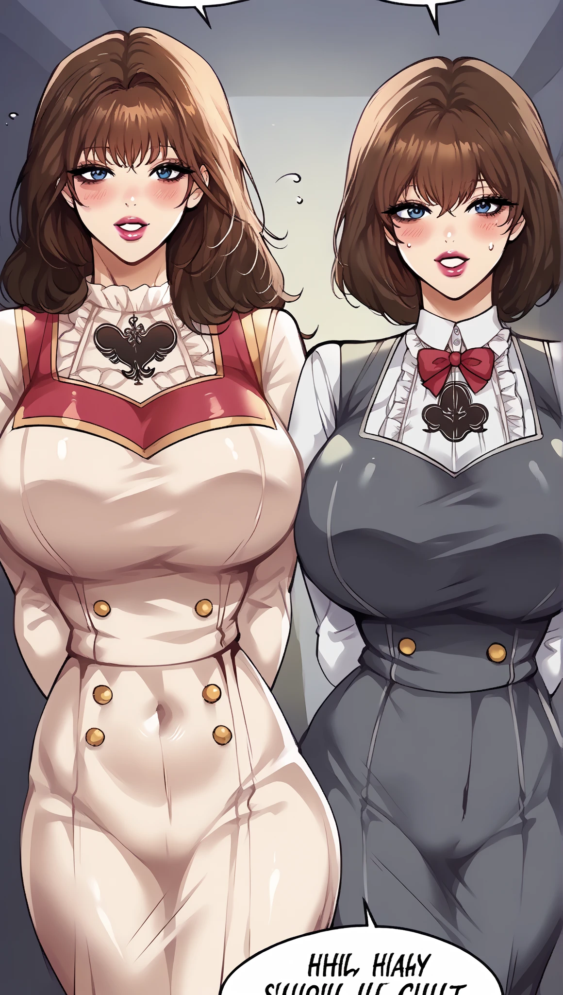 2girls, woman in red dress, woman in business suit, cleavage, lesbian