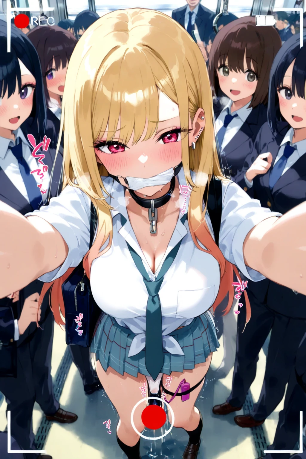 Nudist blonde girl holding a smartphone and talking、Many close elementary school boys are looking at each other with ecstatic expressions.、surround each other's face、naked recording screen、in group photograph、class group selfie,