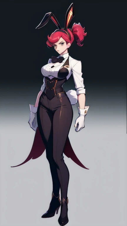 White hair, short bob hair, pinched eyes, thin legs, thin body, leather collar, maid outfit victorian, full body standing symmetrical, hands on hips, wide hips, view from below