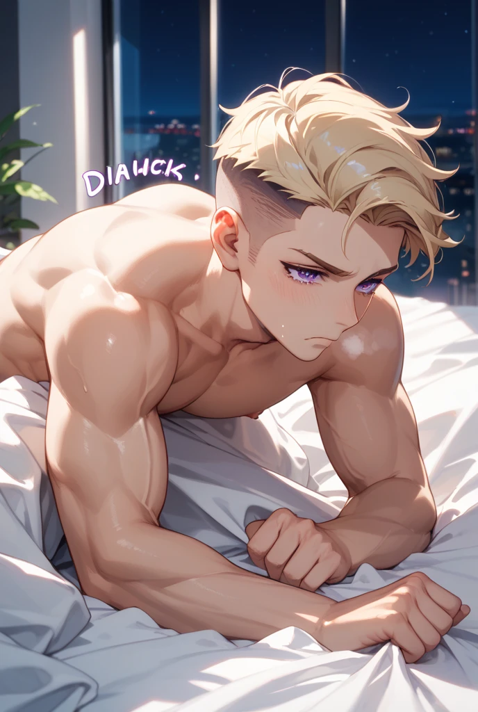 (highest quality:1.5), (masterpiece:1.5), solo, (luxury hotel bedroom:1.2), (night:1.1), shaved sides, blonde, hot guy, (American:1.2), (macho:1.3), (huge body:1.5), 36 years old, (Completely naked:1.5), (expression of agony:1.2), crawl on all fours, (shoot from side:1.3)